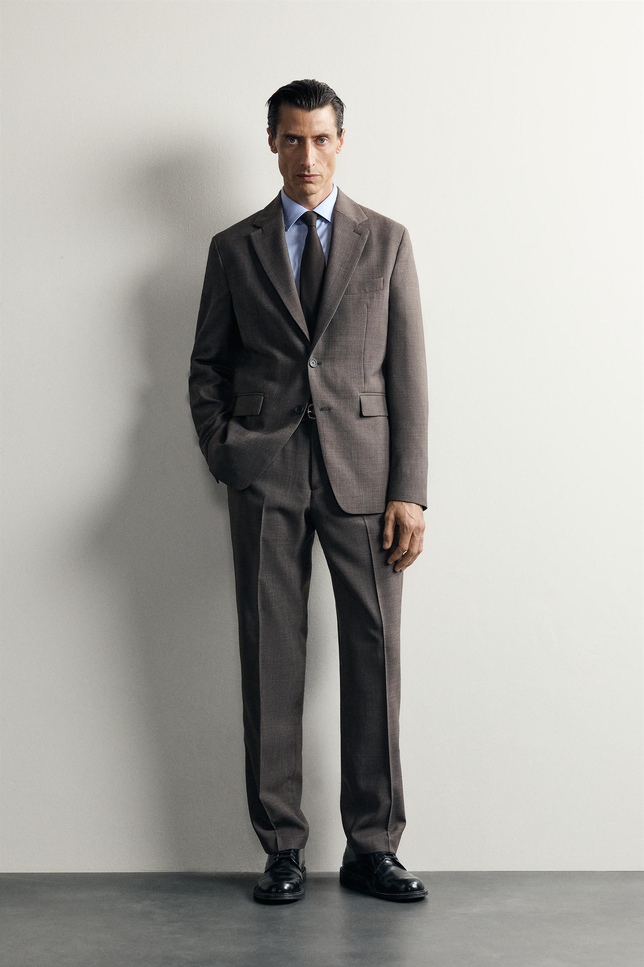 WOOL-BLEND PLAID PLEATED SUIT PANTS